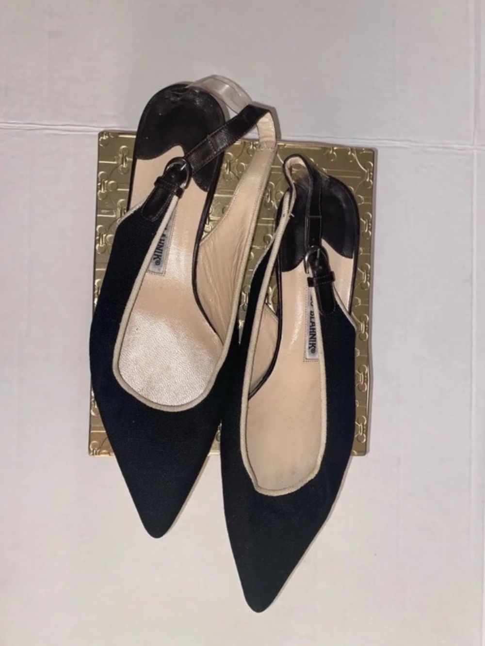 Vintage Manolo Blahnik Pointed Black and Cream Slingbacks Flats